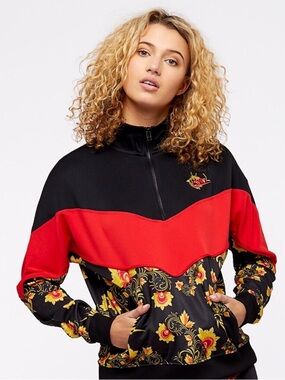 Nike Floral Zip Pullover Jacket Small Red Black Statement Athleisure Khokhloma